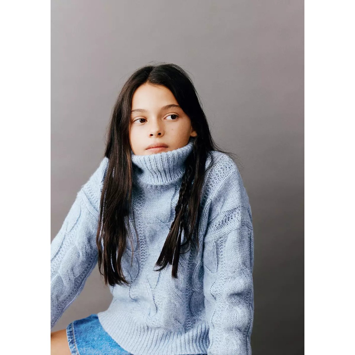 Pull-over maille torsadée col montant bleu ciel, MANGO KIDS