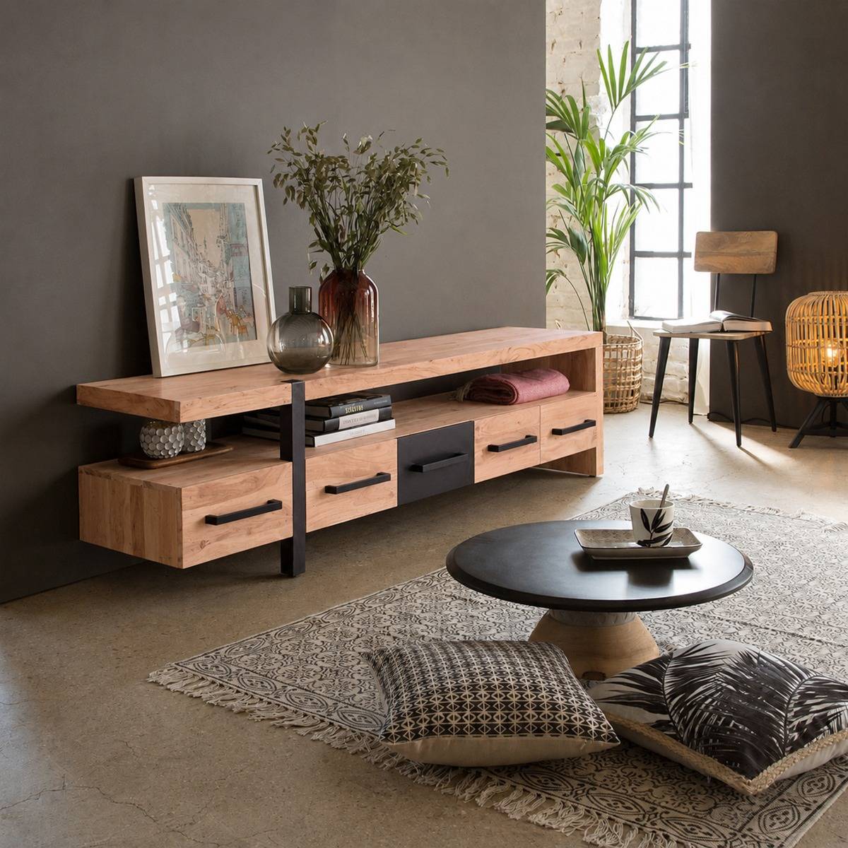 Meuble TV en bois d'acacia PRAIA bois clair, MADE IN MEUBLES