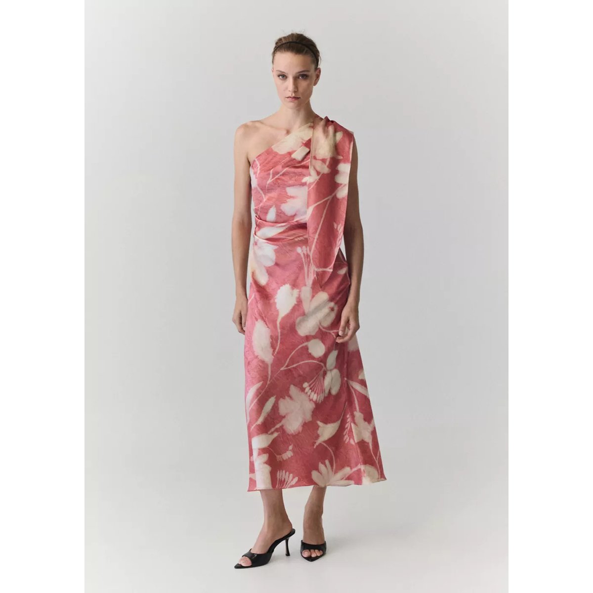 Robe asymétrique imprimé fleuri rose, MANGO