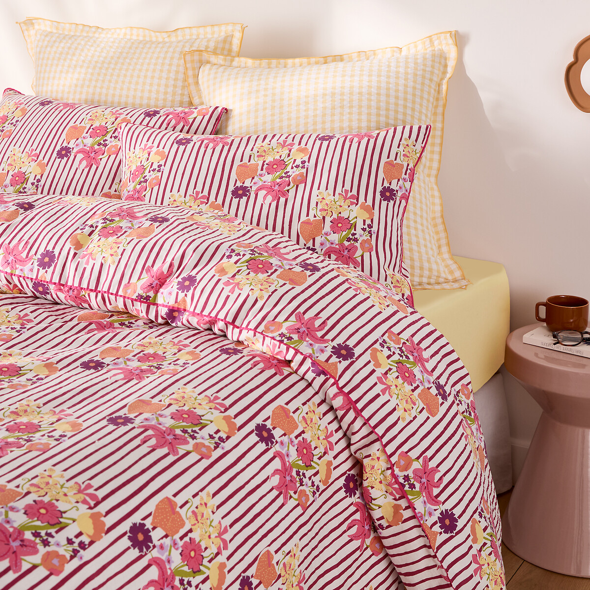 Funda de almohada de algodón lavado, estampado de rayas y flores, BELARDI estampado floral rosa, LA REDOUTE INTERIEURS
