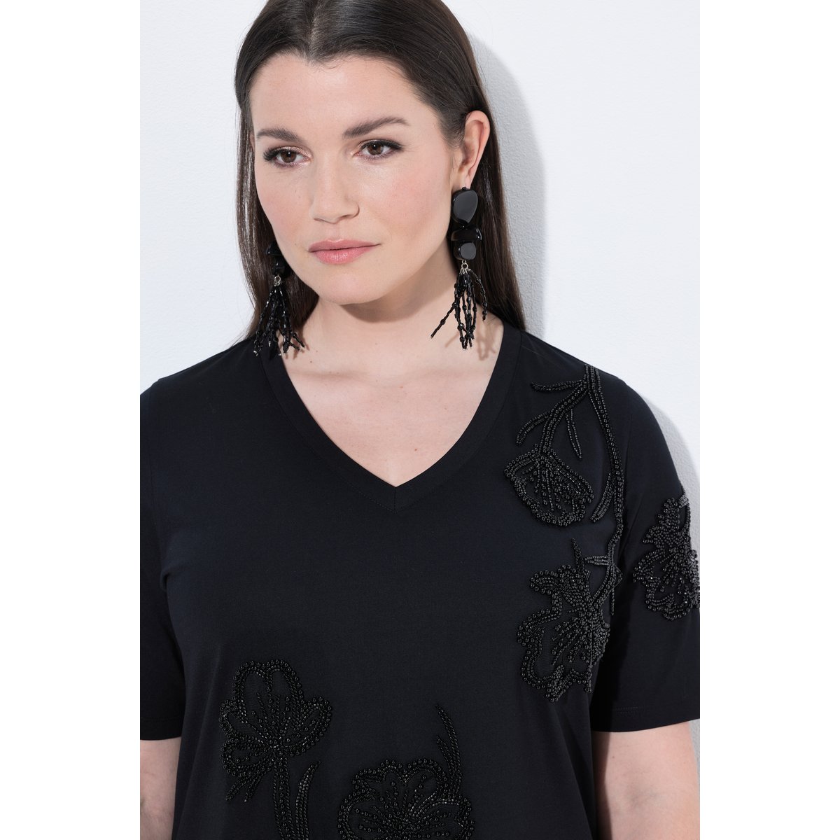 T-shirt avec perles fantaisie noir, ULLA POPKEN