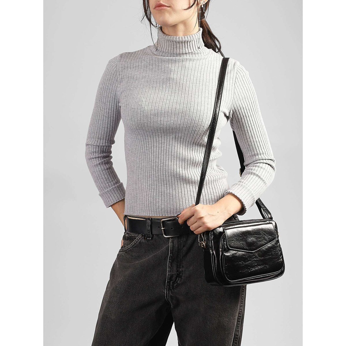 Sac bandoulière Shiny sauvage cuir nero, MILANO