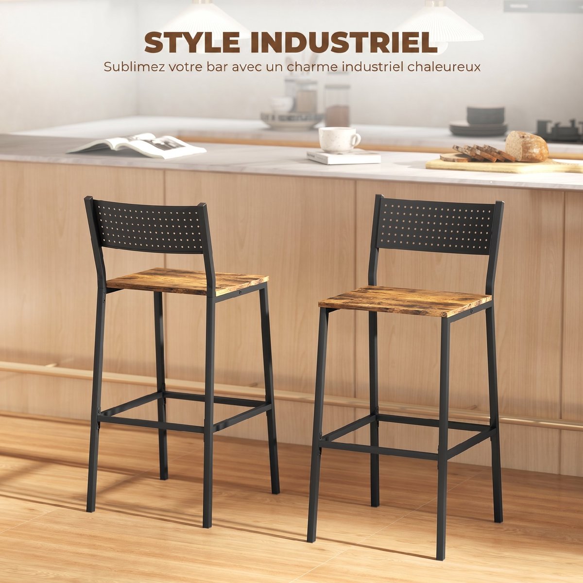 Tabouret de bar Métal Brun Rustique brun rustique et noir, HOMCOM