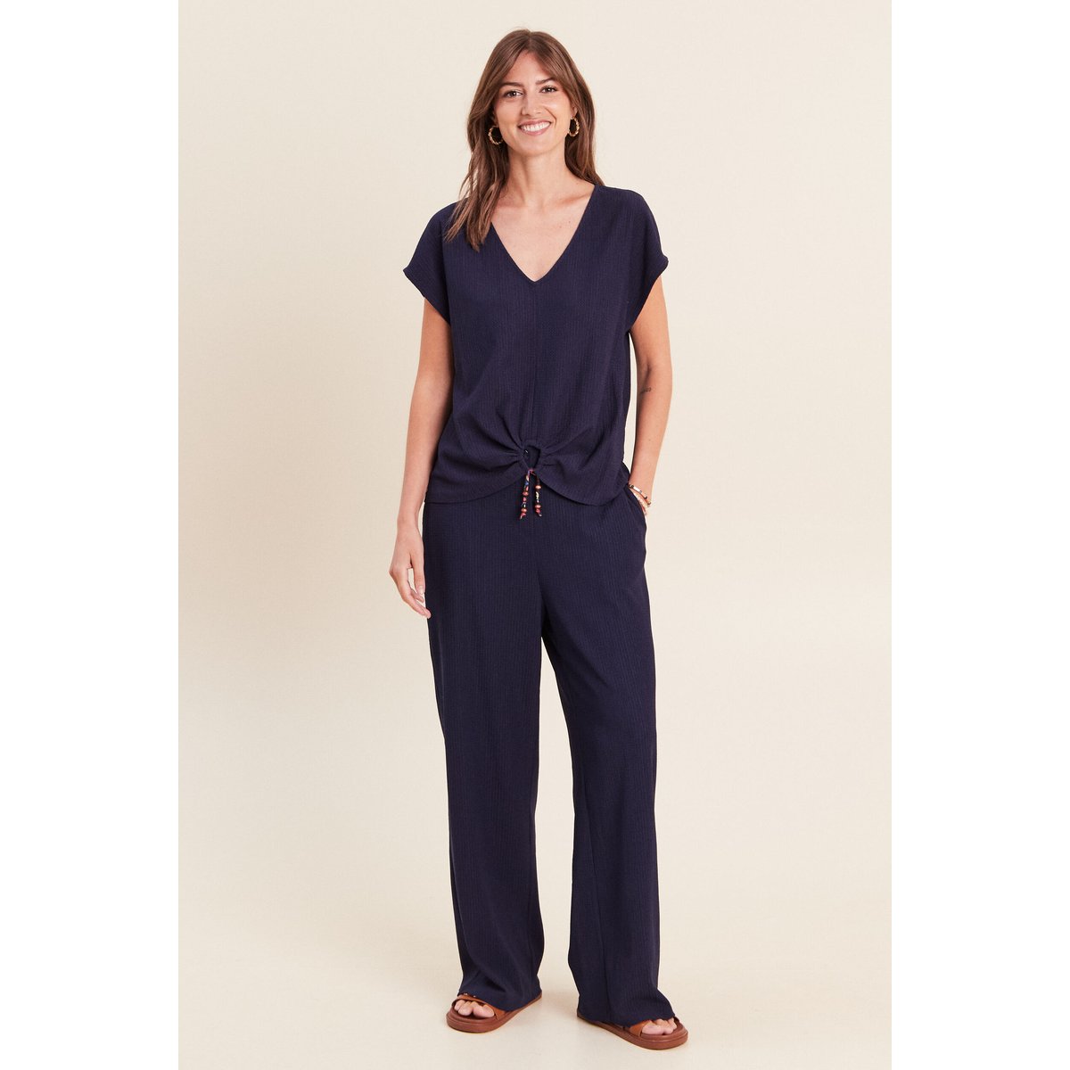 Pantalon large taille haute fluide bleu marine, BREAL