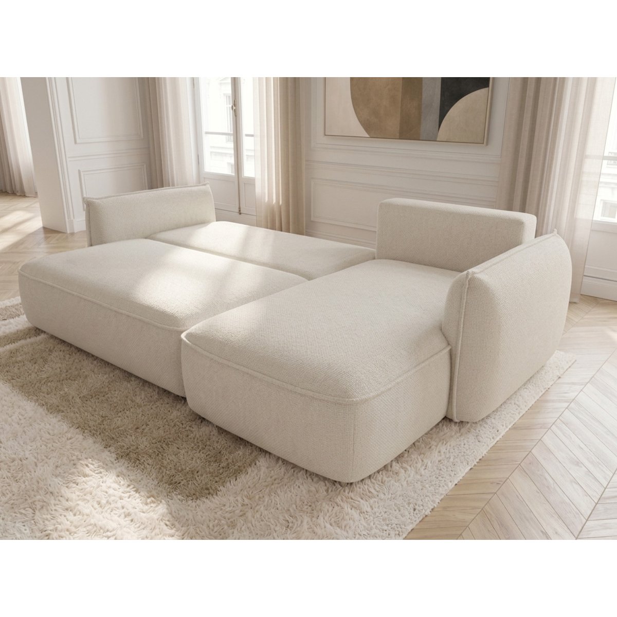 Canapé d'angle convertible 3 places en tissu chenille, ESMEE blanc, BOBOCHIC
