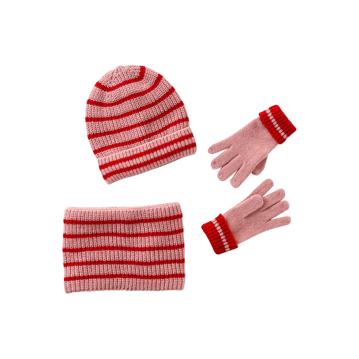 Ensemble rayé bonnet + snood + moufles/gants blush, VERTBAUDET