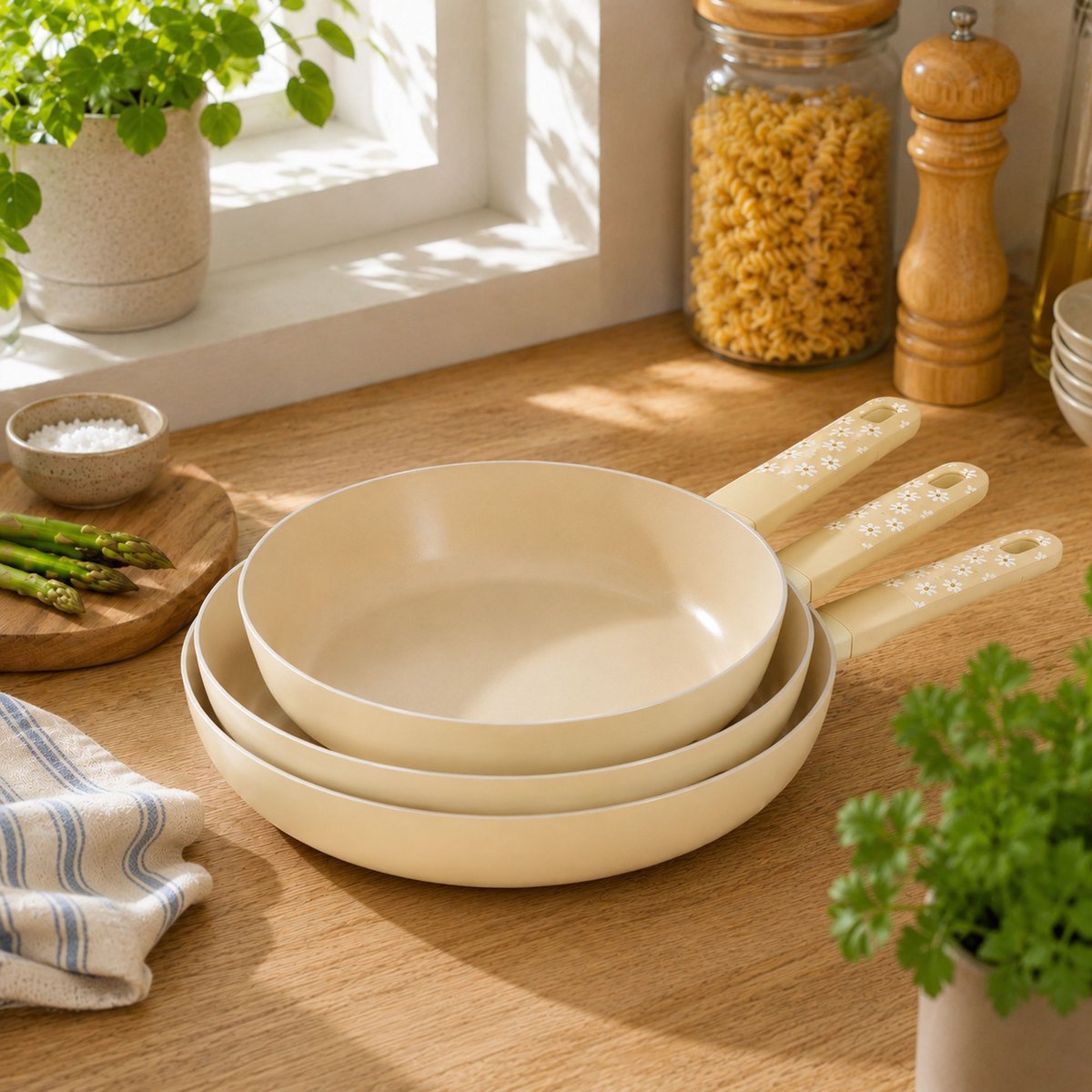 Poêle 24cm en aluminium, MARGUERITE beige, MENASTYL