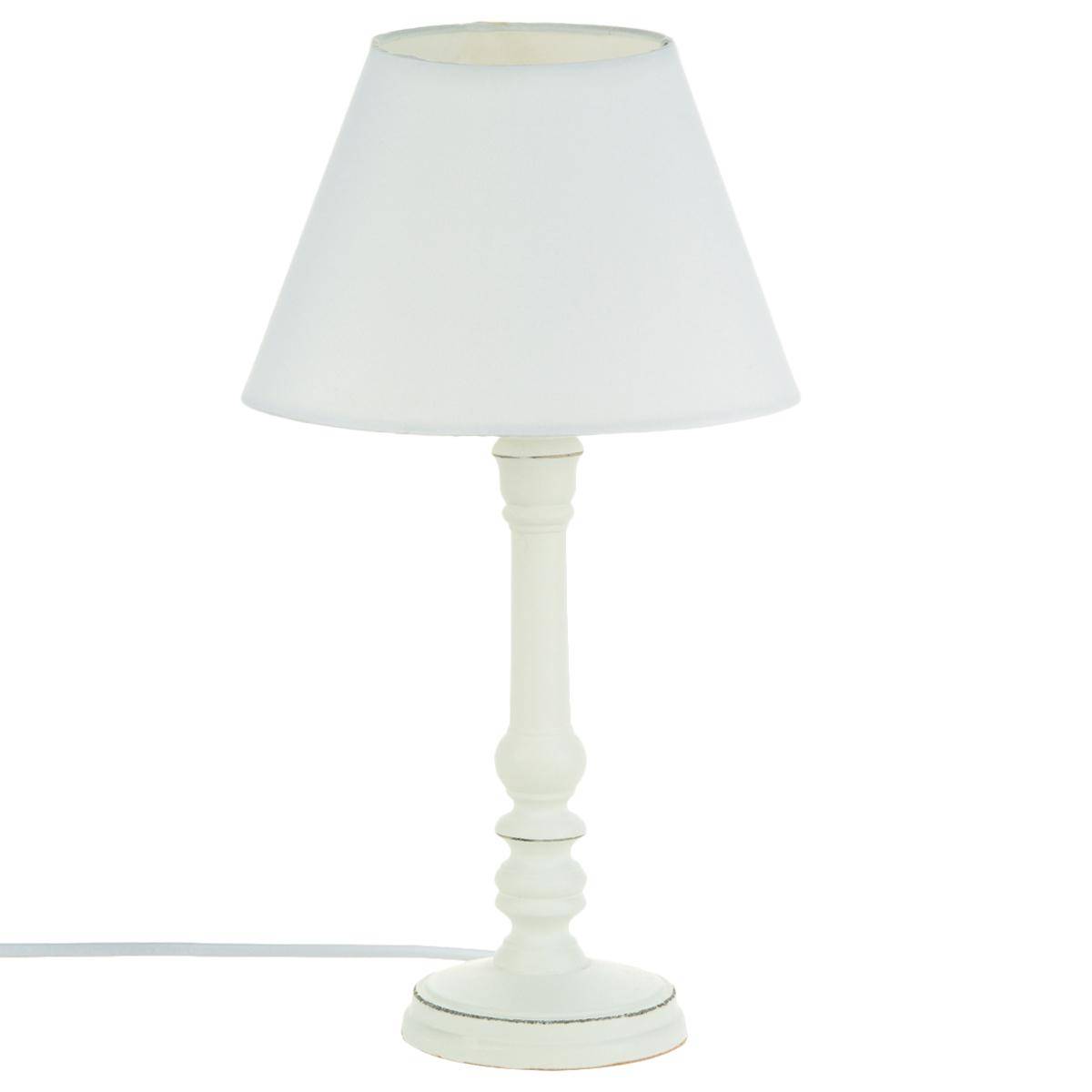 Lampe pied bois tourné abat-jour tissu LEO blanc, ATMOSPHERA