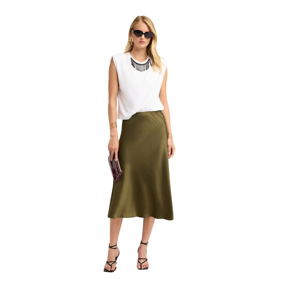 Top avec franges et perles sur l'encolure ras-du-cou blanc, MOTIVI