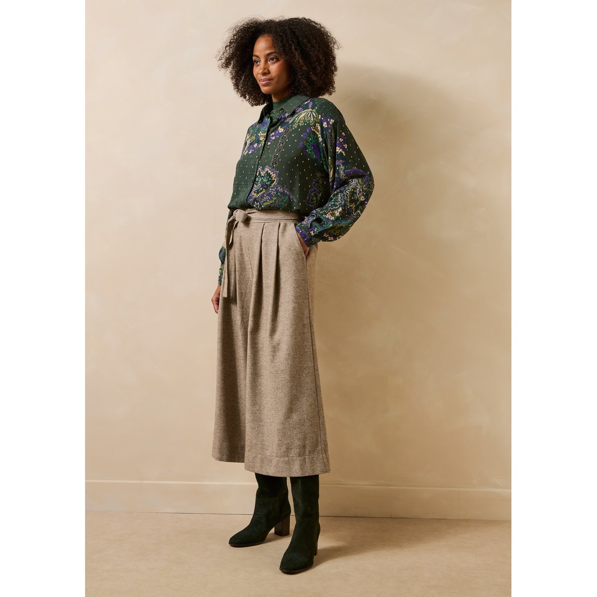 Pantalon jupe culotte 7/8ème en tweed greige, LA FEE MARABOUTEE