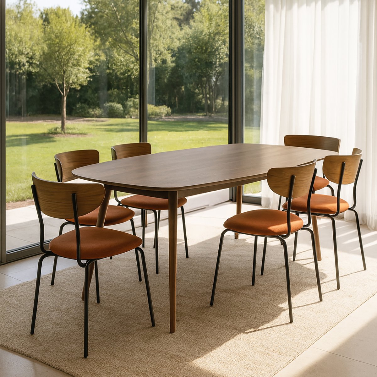 Ensemble table 200cm et 6 chaises en velours côtelé, RIVA terracotta, NOW'S HOME