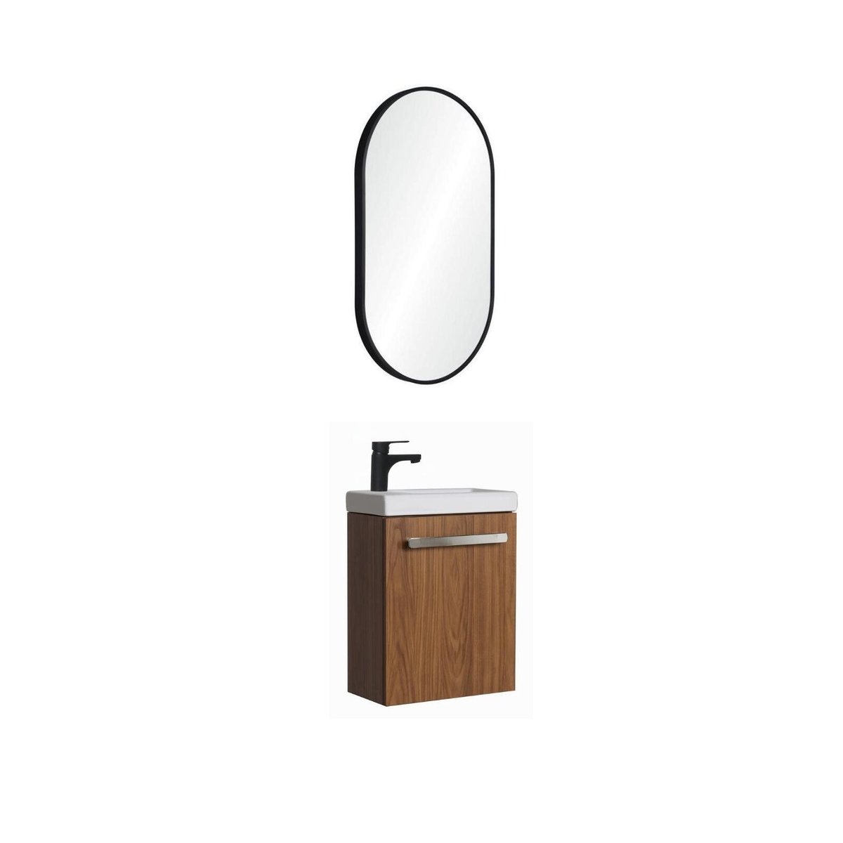 Ensemble lave-mains suspendu avec robinet noir et miroir ovale NEVADA décor noyer, MOB IN