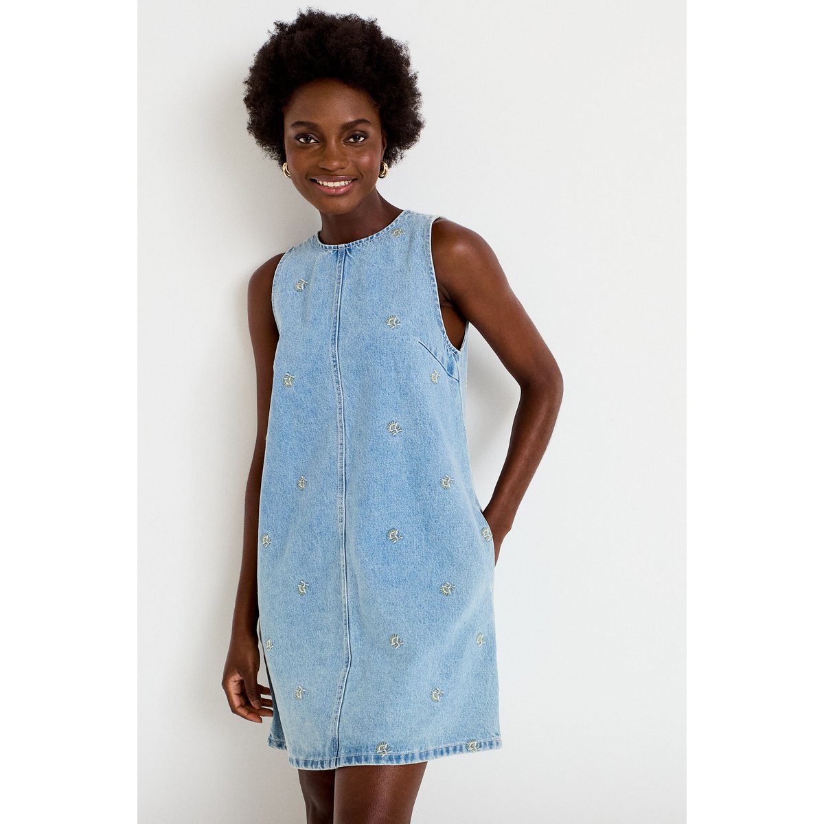 Robe courte évasée en jean sans manches bleu, CACHE CACHE