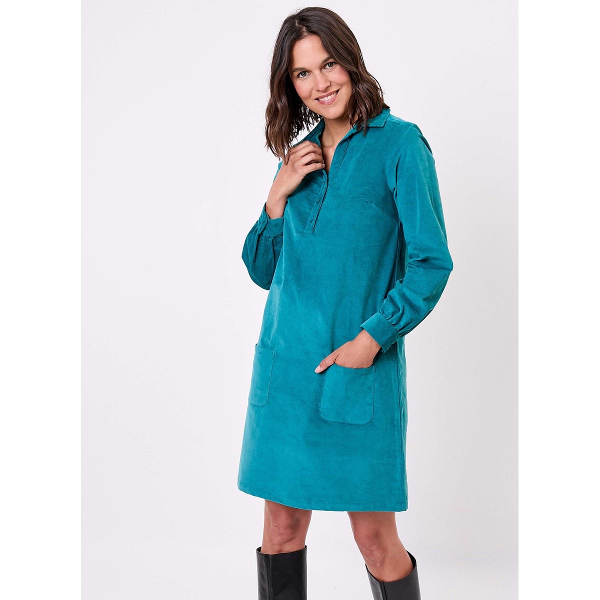 Robe droite velours côtelé bio PASSO bleu atlantic, PRINCESSE NOMADE