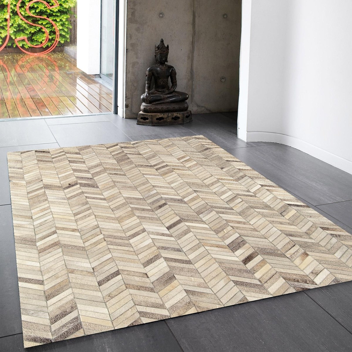 Tapis cuir de vache véritable cousu main PAMPA beige, NOVATREND