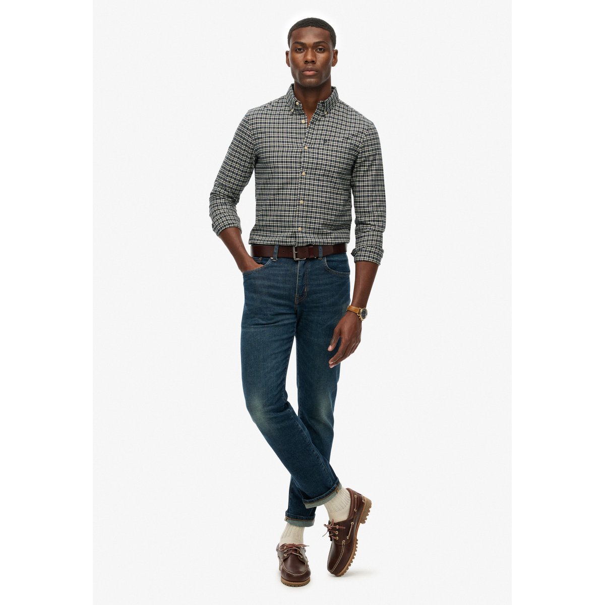 Chemise Oxford à Carreaux Premium micro carreaux bleu marine chiné, SUPERDRY