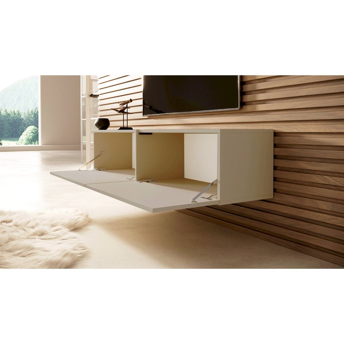 Meuble tv suspendu bois collection BISIRA cachemire, RECOLLECTION