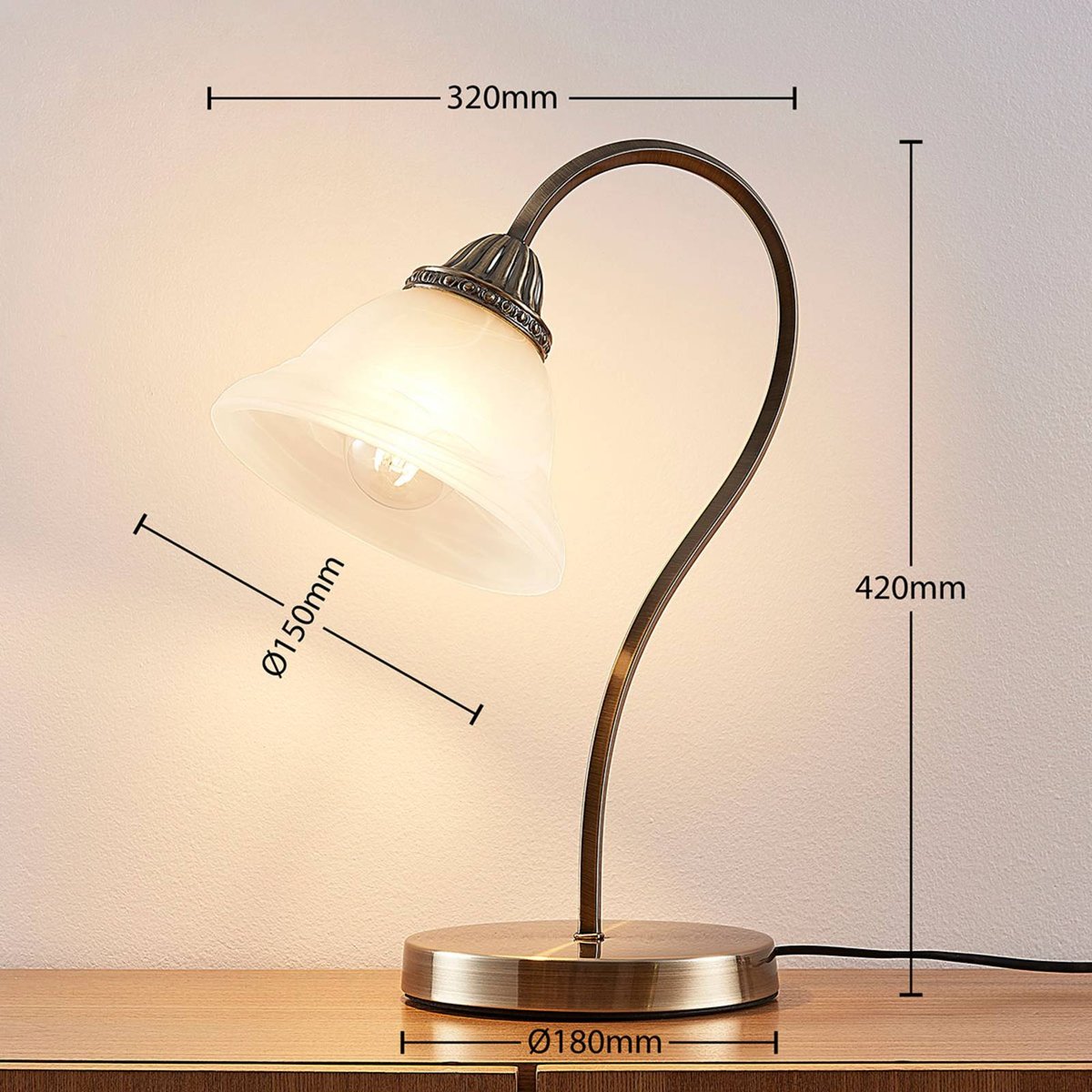 Lampe à poser en verre, Mialina blanc albâtre, laiton ancien, LINDBY