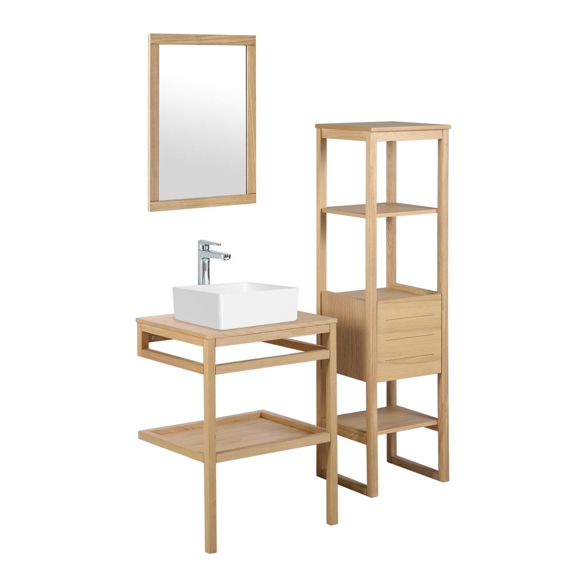 Meuble 60cm chêne, vasque carrée, robinet, miroir, colonne HOPP v002233, MOB IN
