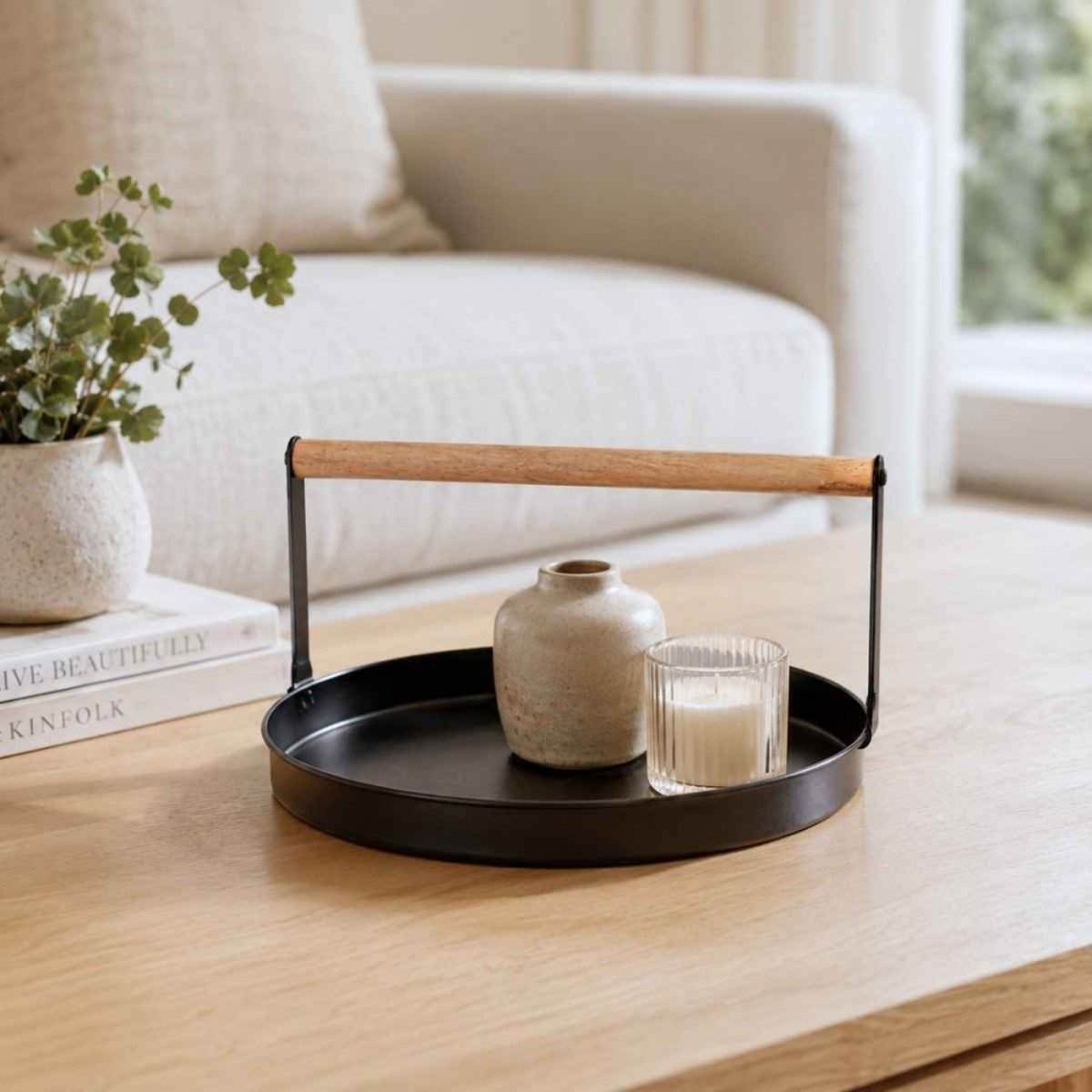 Plateau rond en métal noir et bois 29cm noir, ORNAMI