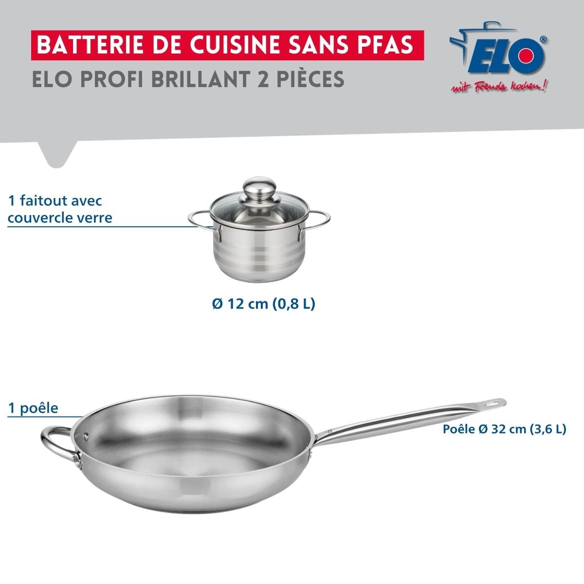 Batterie de cuisine 1 poêle 32cm + 1 faitout 12cm PROFI BRILLANT gris, ELO