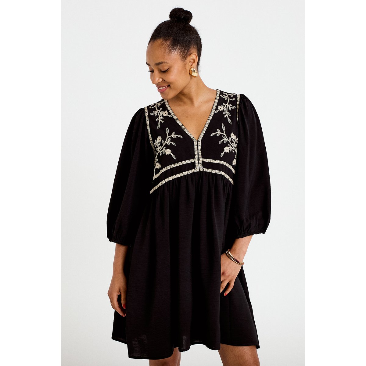 Robe droite courte col v manches 3/4 noir, CACHE CACHE