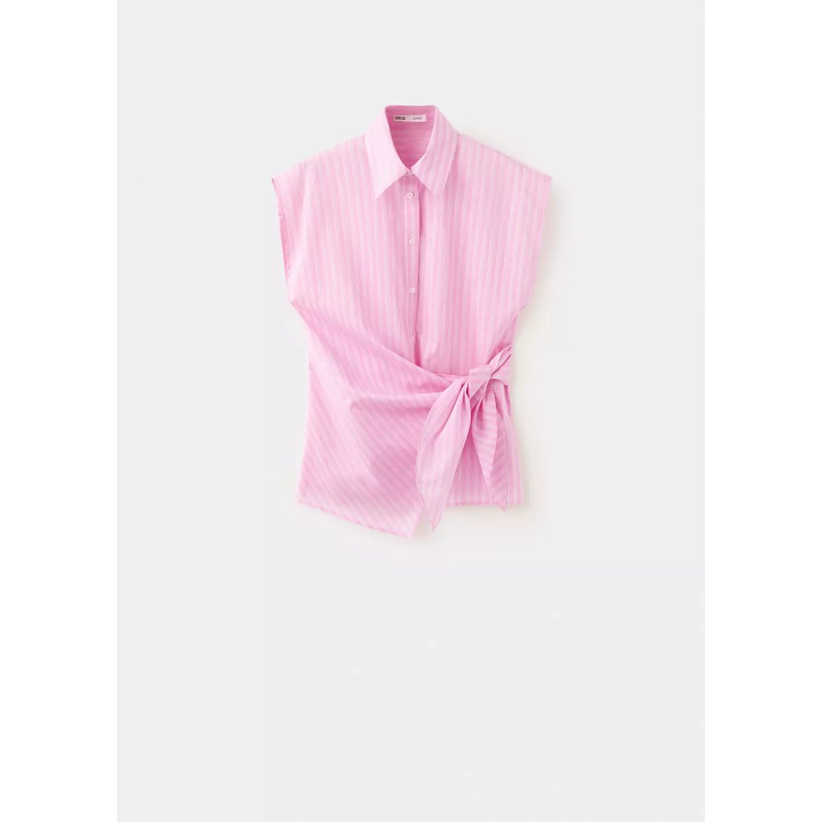 Chemise en coton à rayures avec lien à nouer rose, MANGO