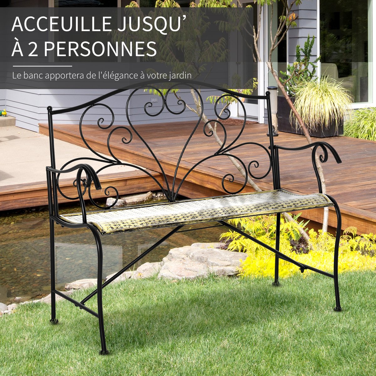 Banc de jardin Métal Noir noir doré effet vieilli, OUTSUNNY