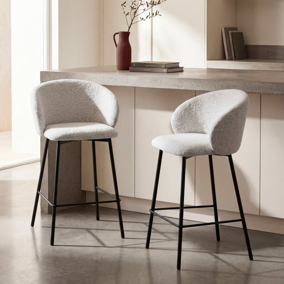 Lot de 2 chaises de bar en tissu bouclette et métal H66cm- VALOM écru chiné, DRAWER