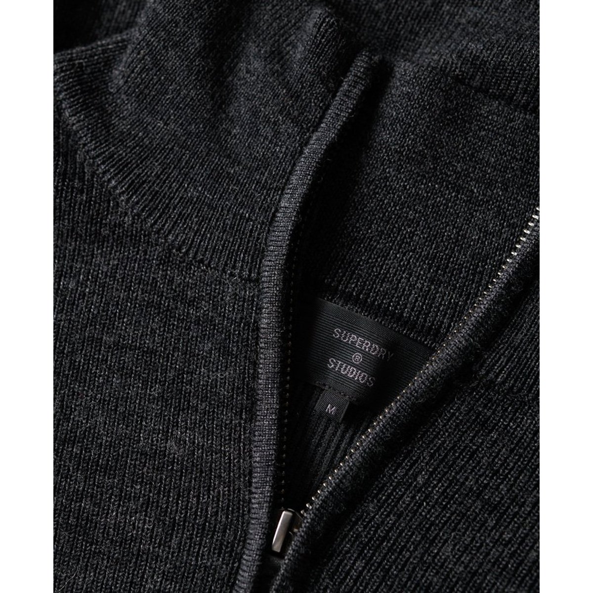 Pull semi-zippé en laine mérinos anthracite foncé chiné, SUPERDRY