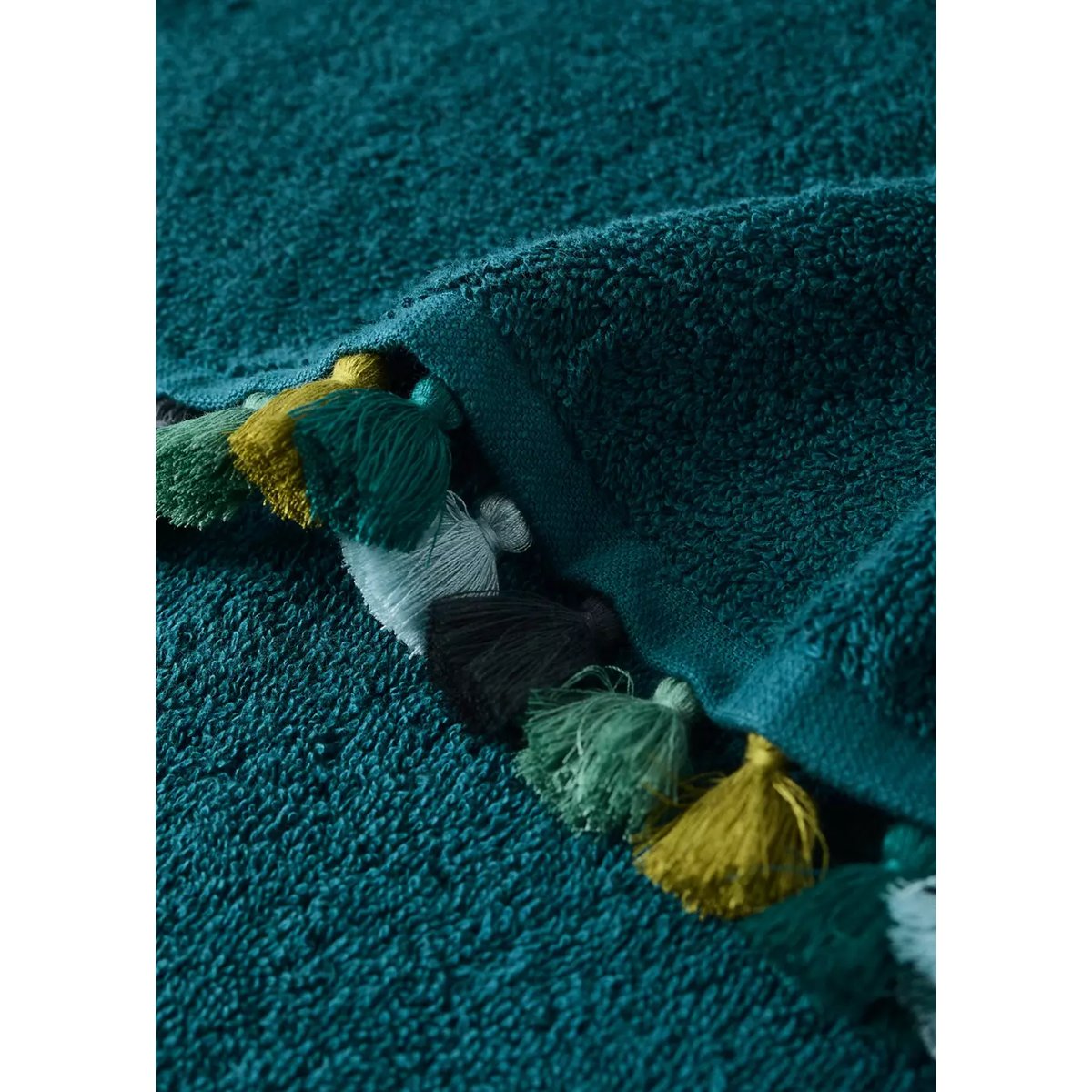 Serviette de toilette coton bouclette pompons bleu pétrole, MANGO HOME