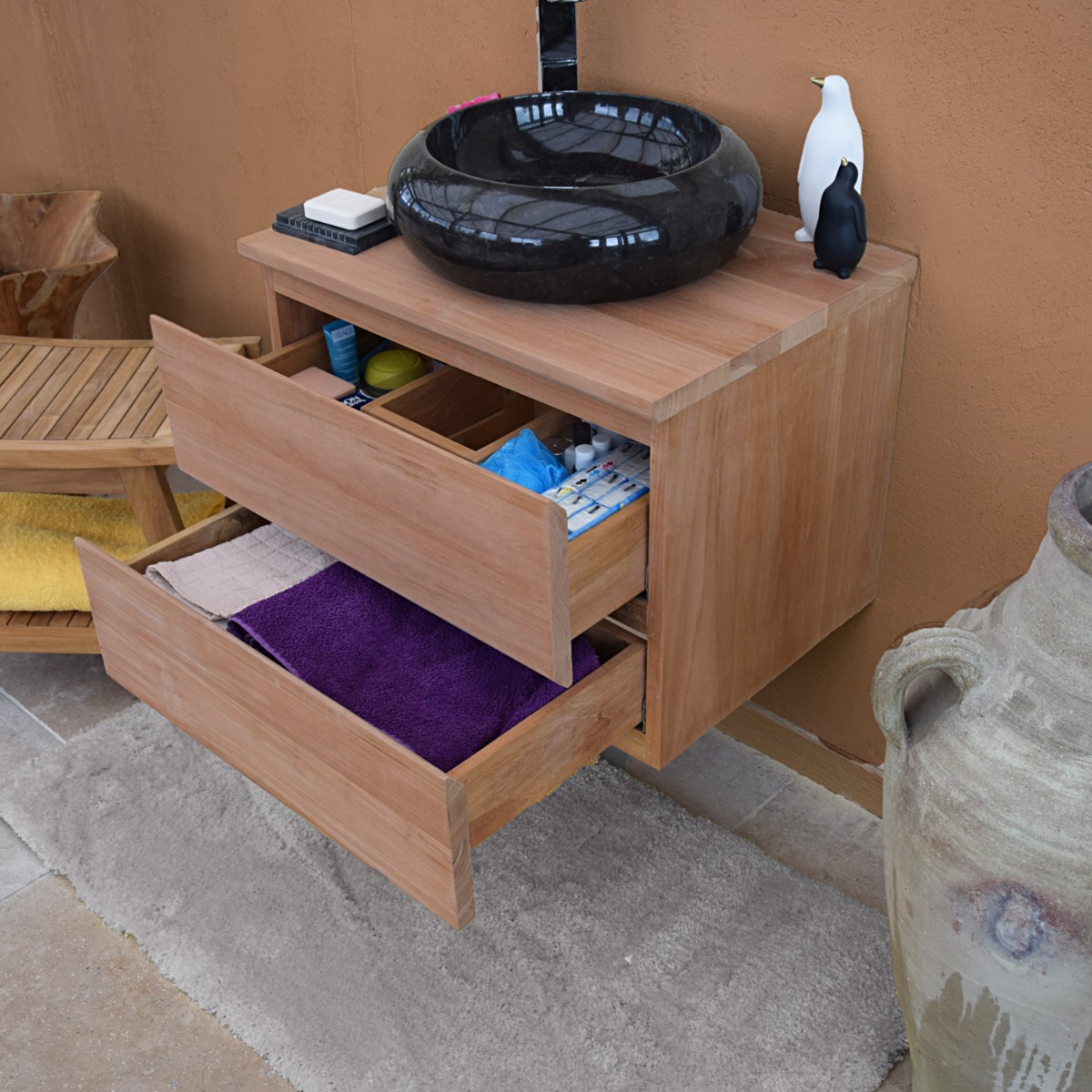 Meuble suspendu 2 tiroirs en teck massif 60 cm - KHARART naturel, WILDWATER