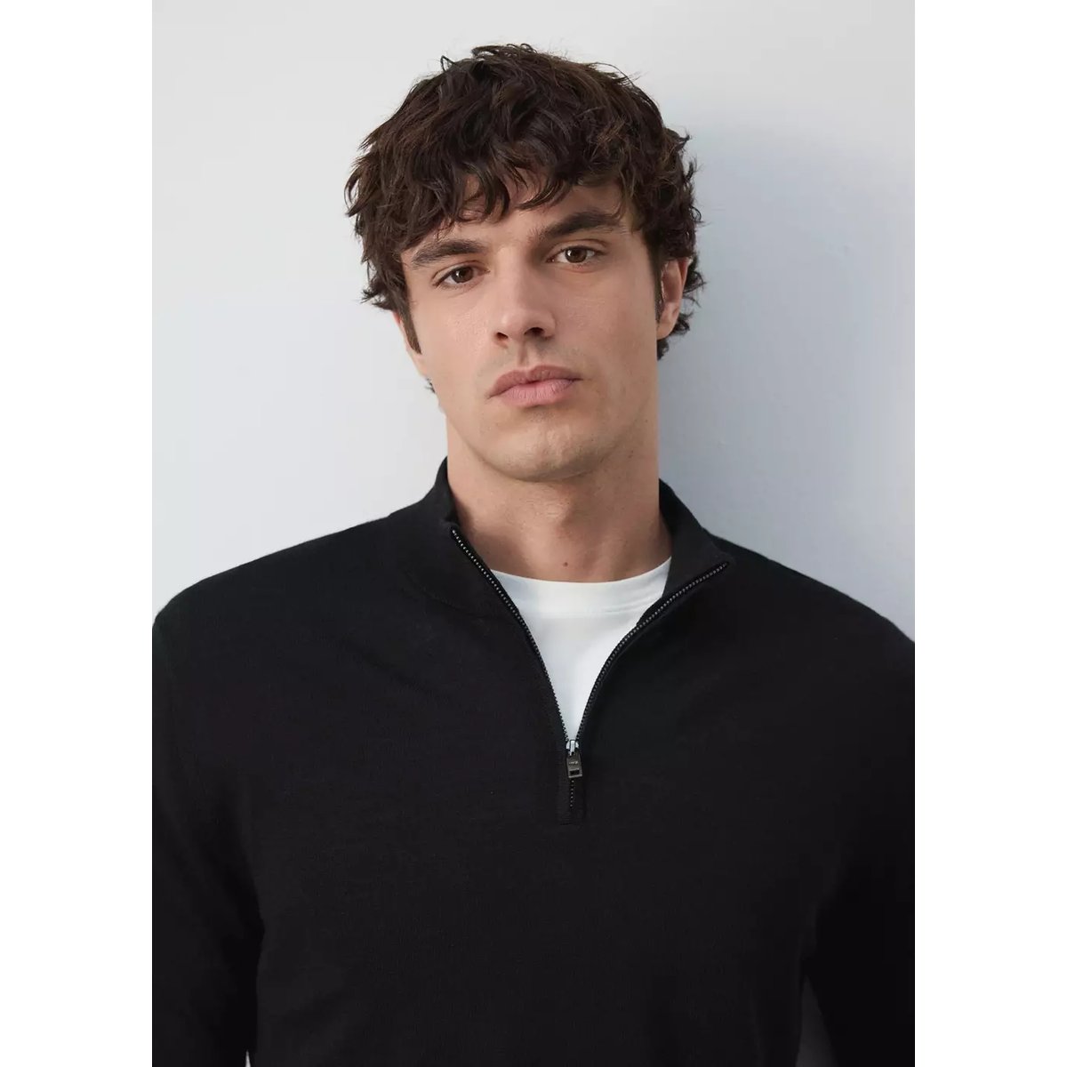 Pull-over 100 % laine mérinos col zippé noir, MANGO MAN