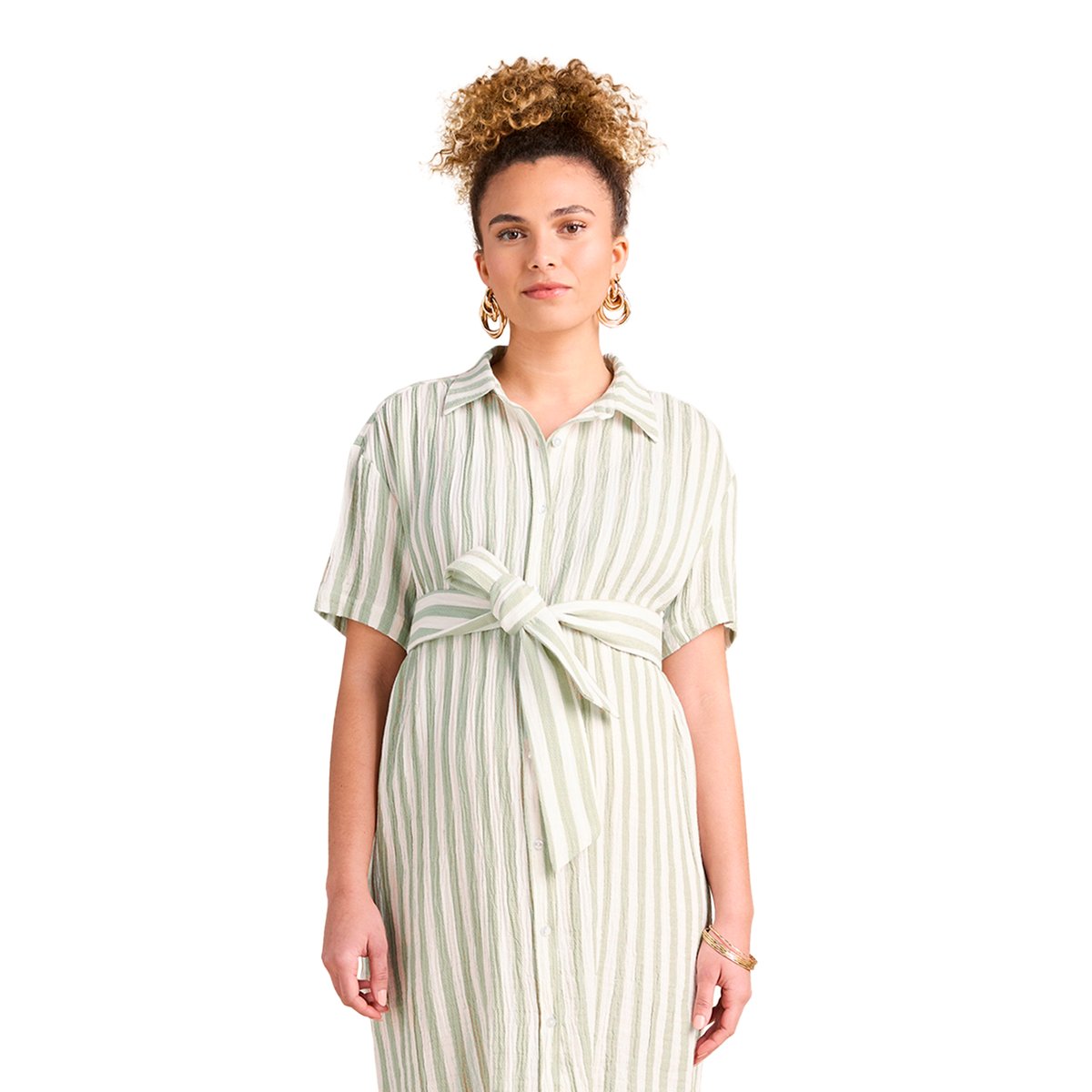 Robe chemise à larges rayures grossesse et allaitement en gaze de coton vert sauge, ENVIE DE FRAISE