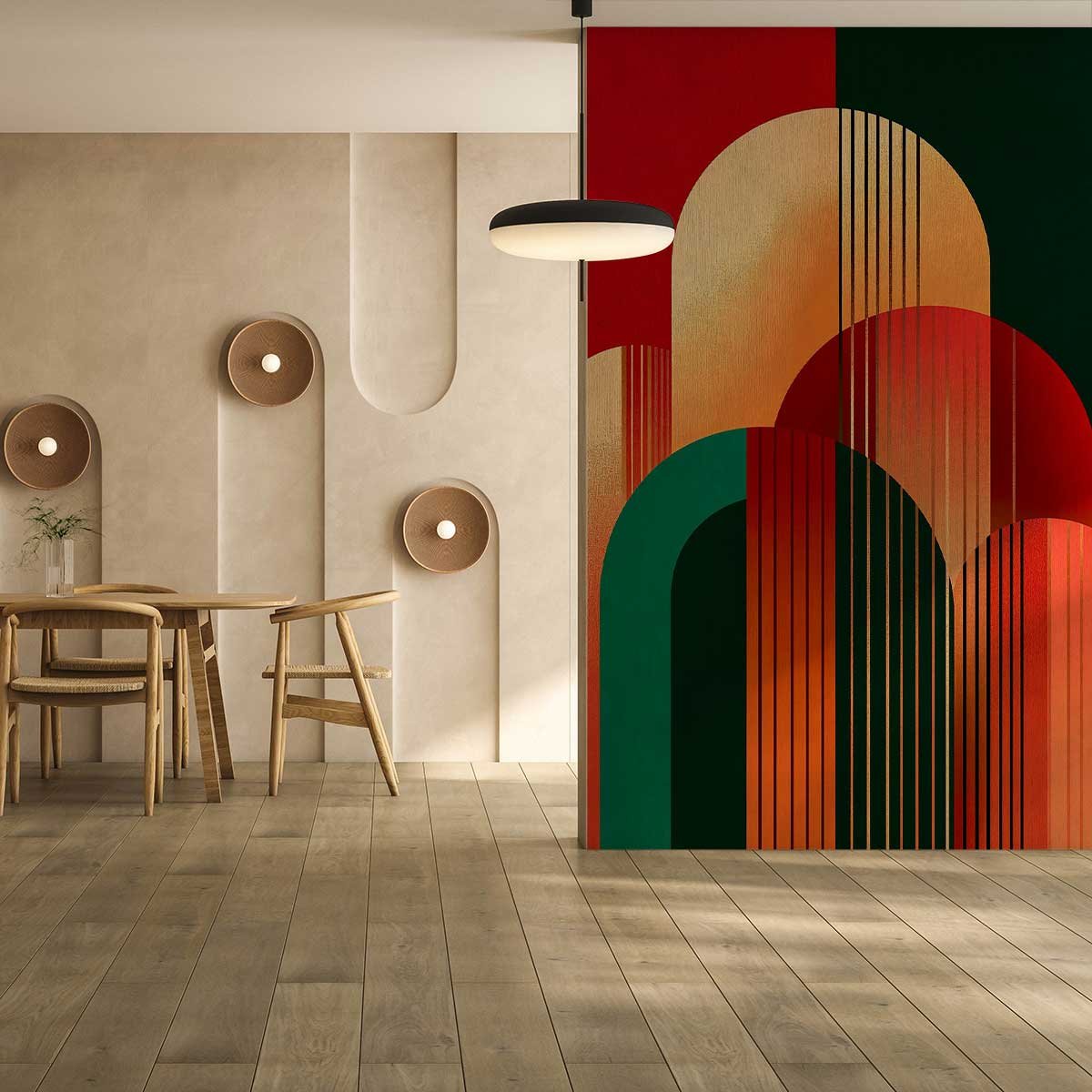 Papier peint arches graphiques rouge et vert style art déco moderne multicolore, HEXOA