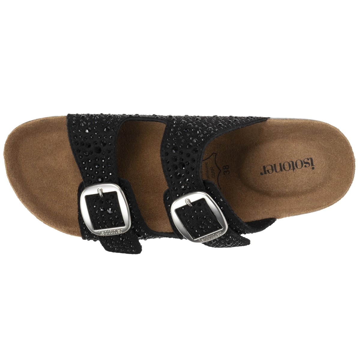 Sandales à doubles brides ultra confortables, semelle intérieure cuir noir, ISOTONER