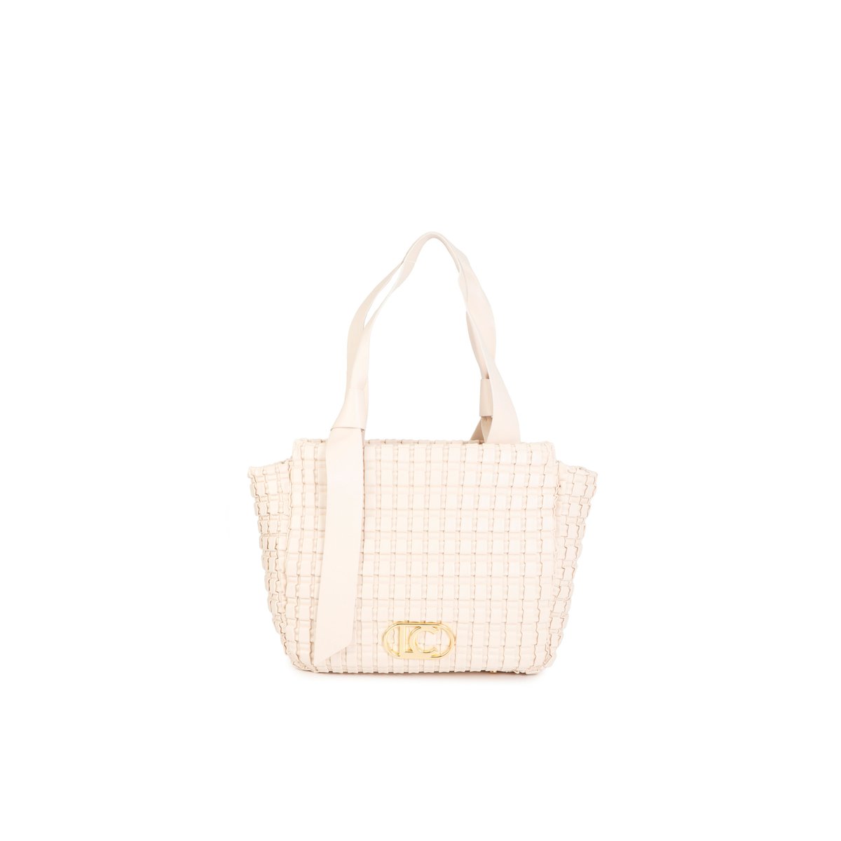 Sac à main tressé à logo métallique ecru, LOLA CASADEMUNT