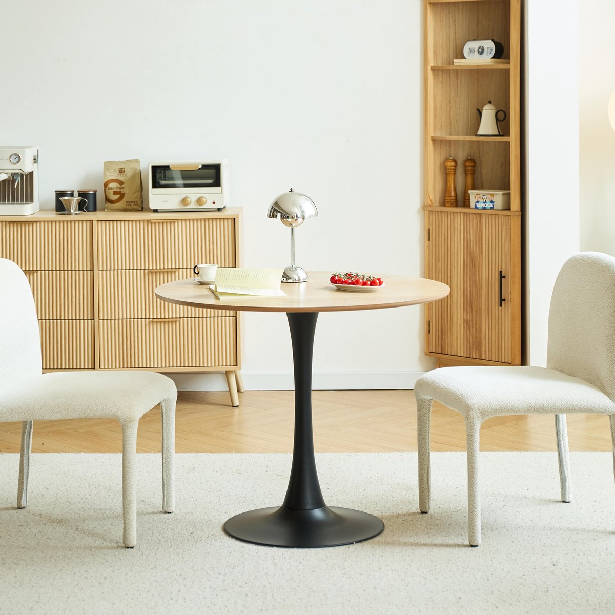 Table à manger ronde pour 4 personnes, bois et métal, SALLA bois naturel, NORDLYS