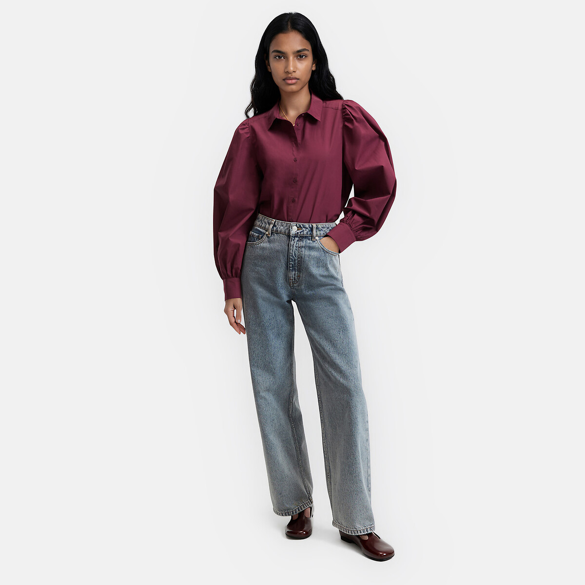 Cotton Loose Fit Puff Sleeve Shirt burgundy red, LA REDOUTE COLLECTIONS