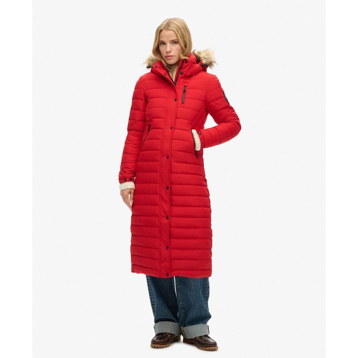 Doudoune longue à capuche Fuji rouge universitaire, SUPERDRY