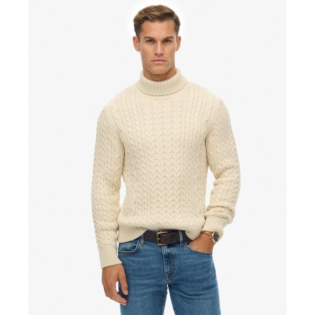 Pull torsadé à col roulé Jacob blanc hivernal, SUPERDRY