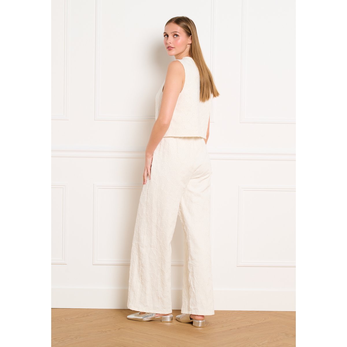 Pantalon large brodé étoiles blanc vanille, LOLALIZA