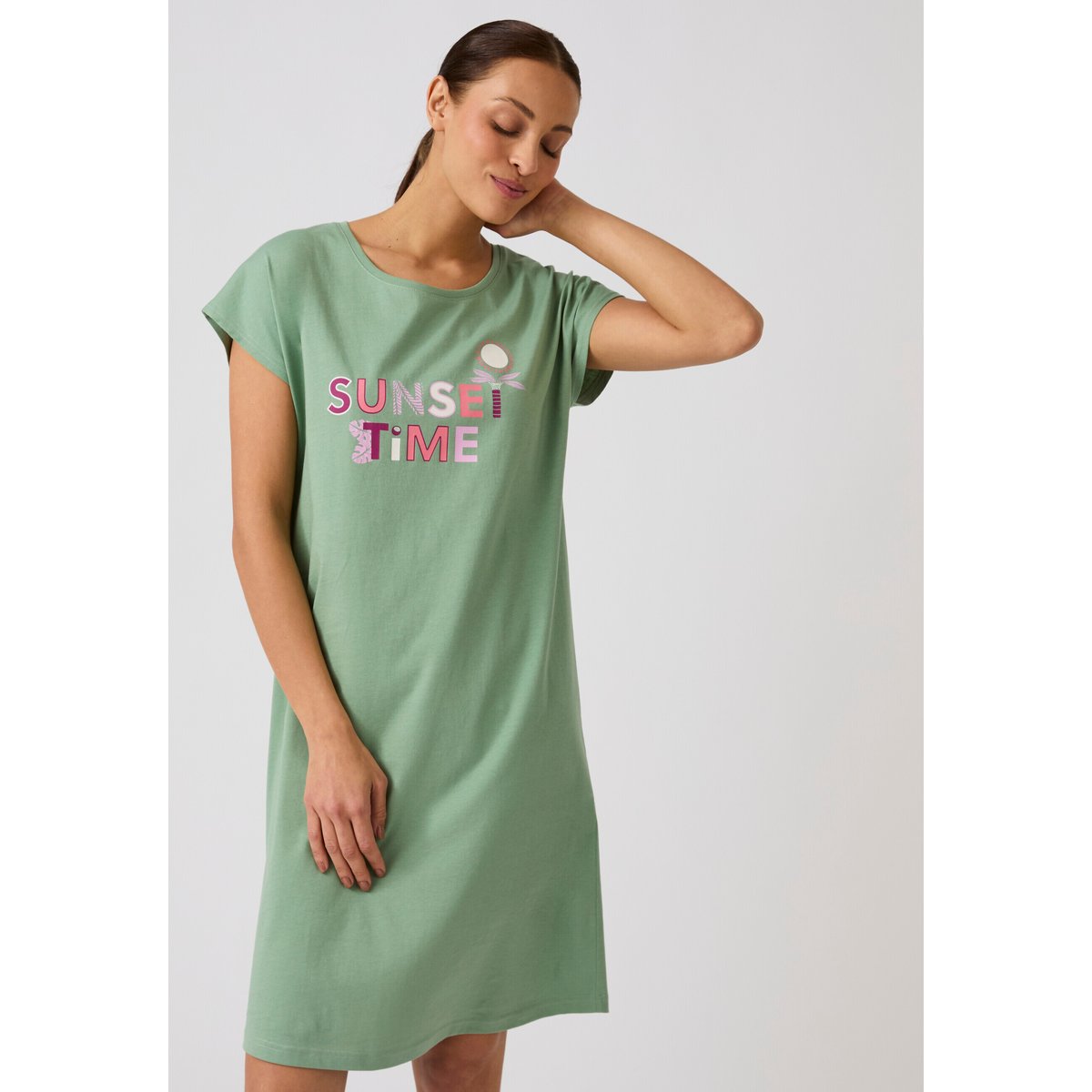 Chemise de nuit en pur coton vert, DAMART