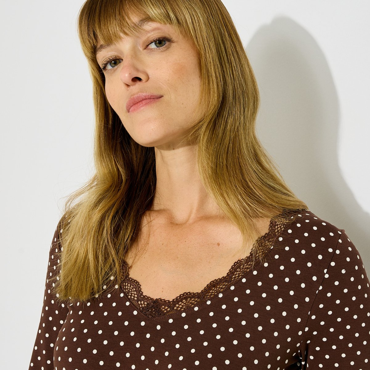 T-shirt manches longues motif pois marron chocolat, GRAIN DE MALICE