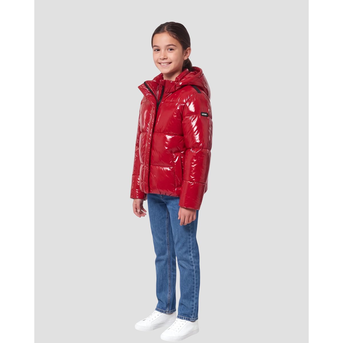 Blouson shiny à capuche enfant rouge, SCHOTT