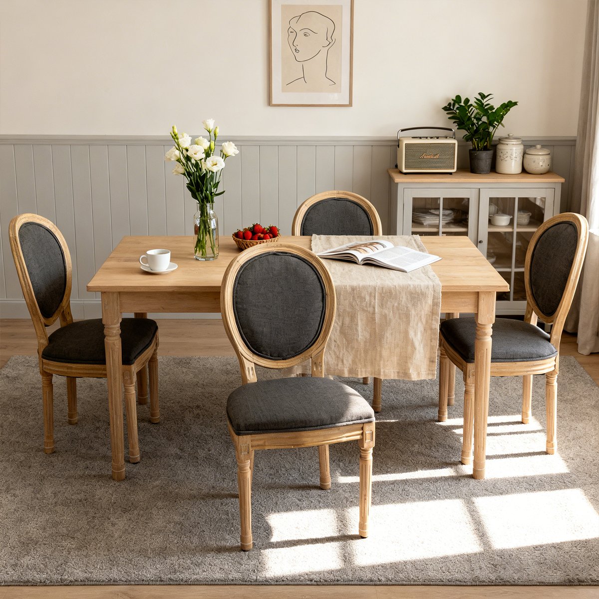 Lot de 4 chaises style classique à dossier ovale, KOAFAB gris foncé, MEUBLES COSY