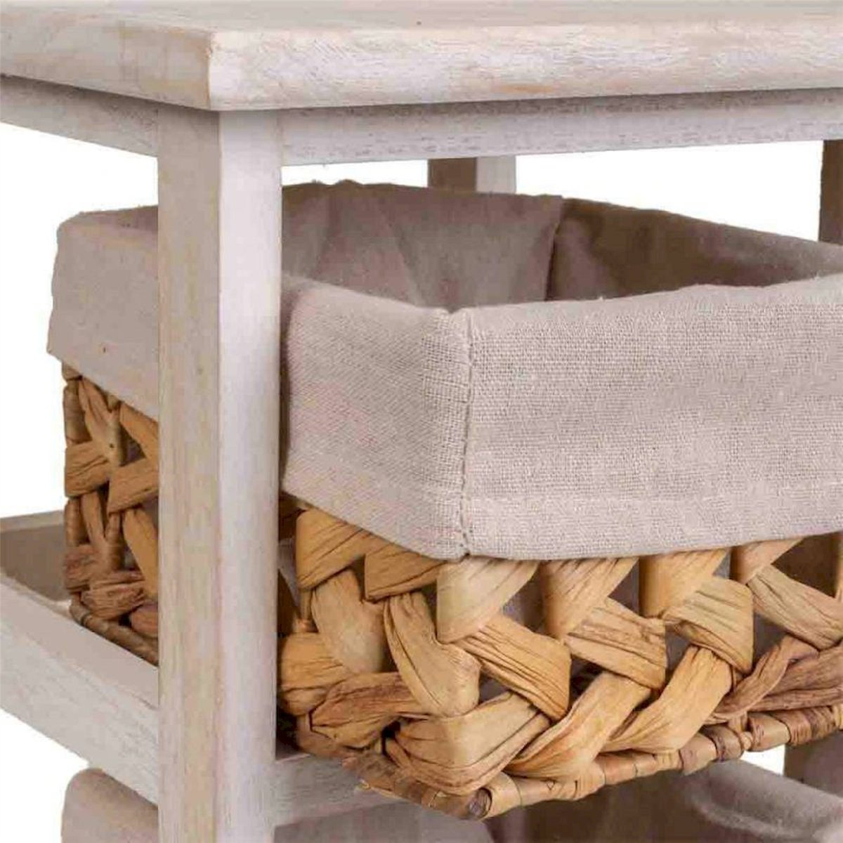 Table de chevet carrée en bois, 3 tiroirs blanc antique et naturel tressé, RECOLLECTION