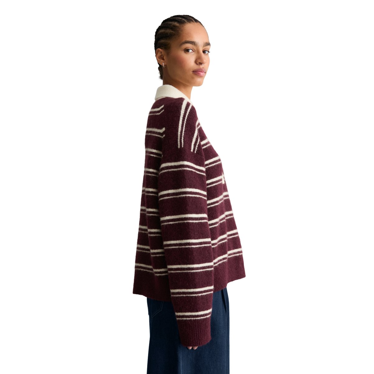 Polo en maille rayé oversize en un mélange douillet de laine d'alpaga marron, MARC O’POLO DENIM