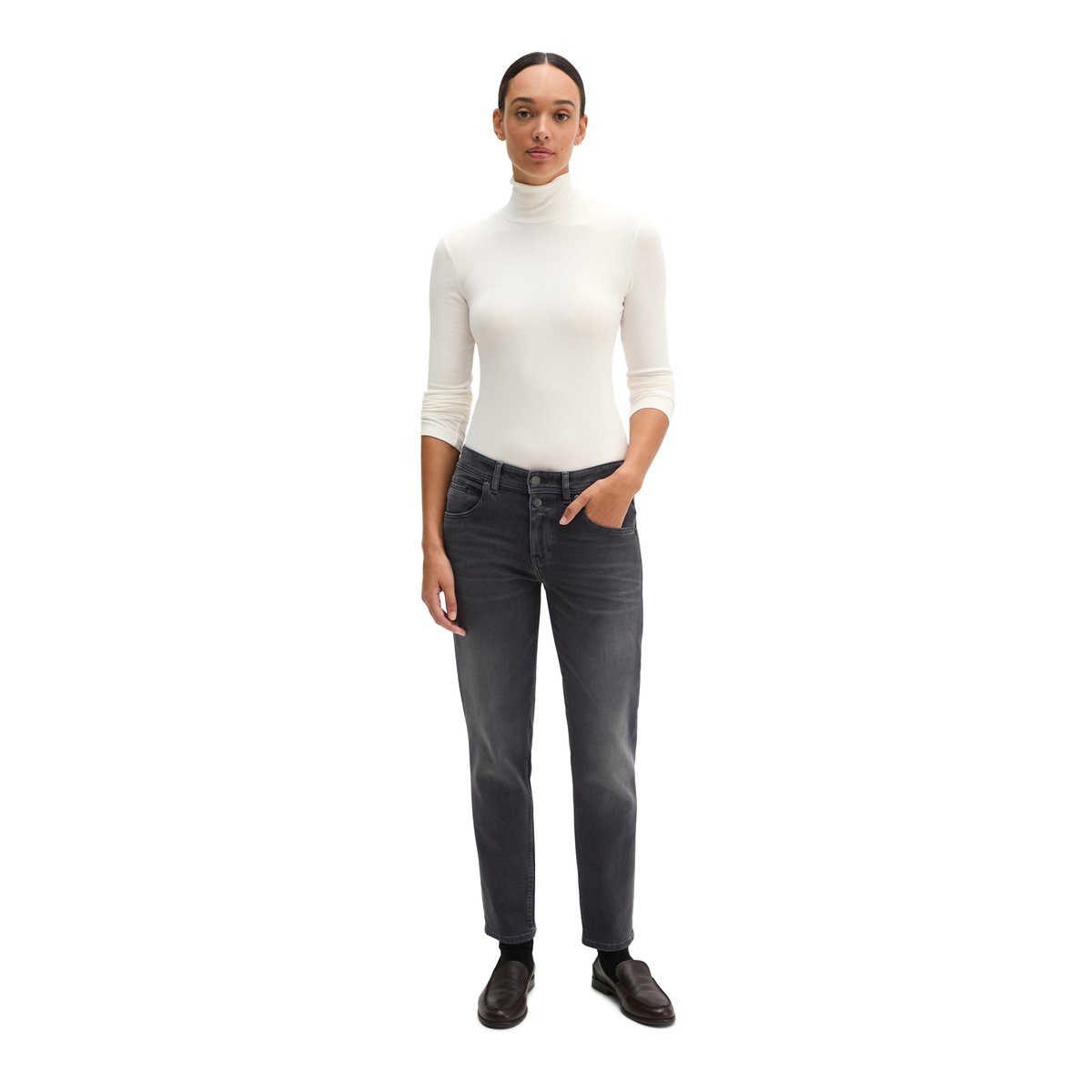 Jean modèle Theda, coupe boyfriend, longueur raccourcie en coton bio extensible gris, MARC O'POLO