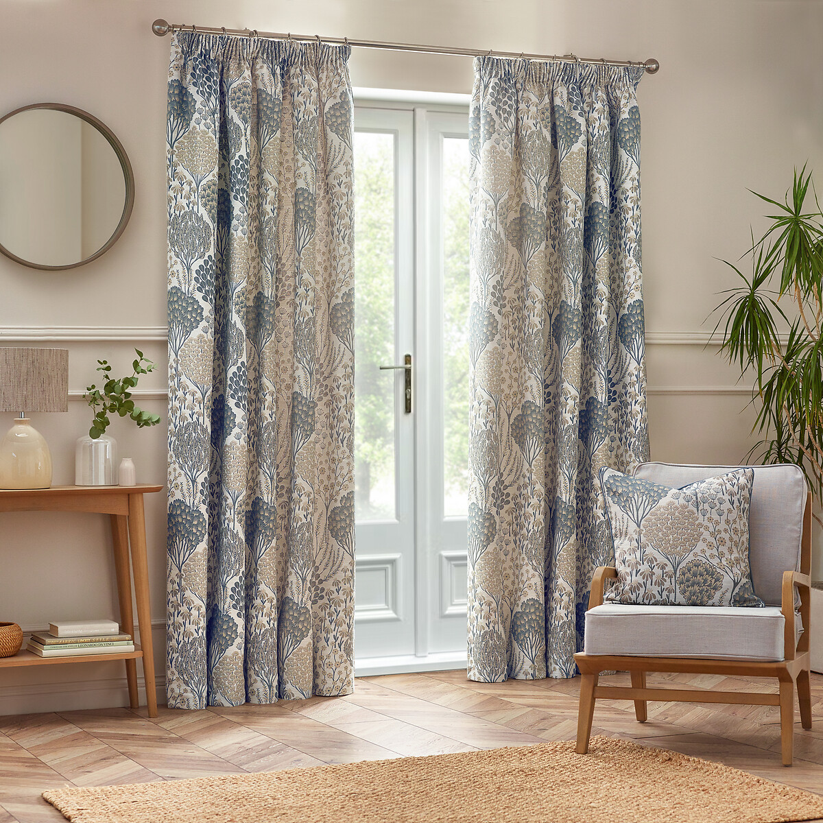 Ophelia Pencil Pleat Curtains blue print, WYLDER